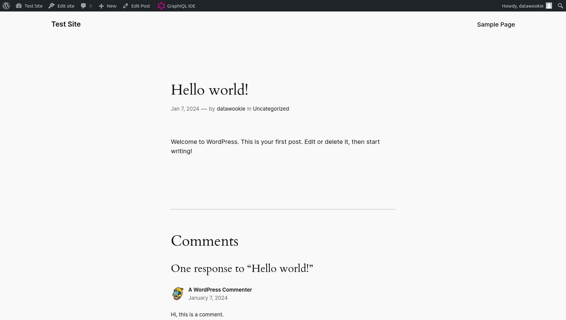 The default Hello world post on the WordPress site frontend.