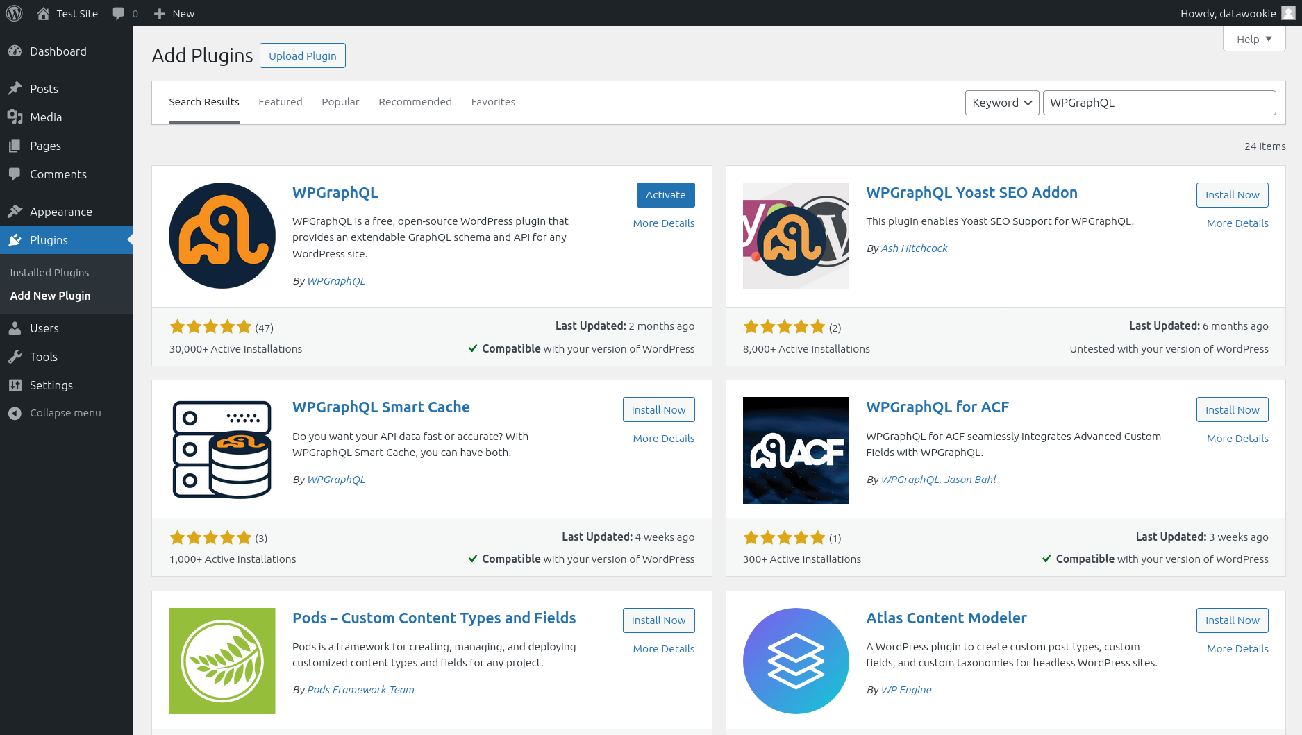 WordPress Add Plugins search results showing the WPGraphQL plugin with an Activate button after installation.
