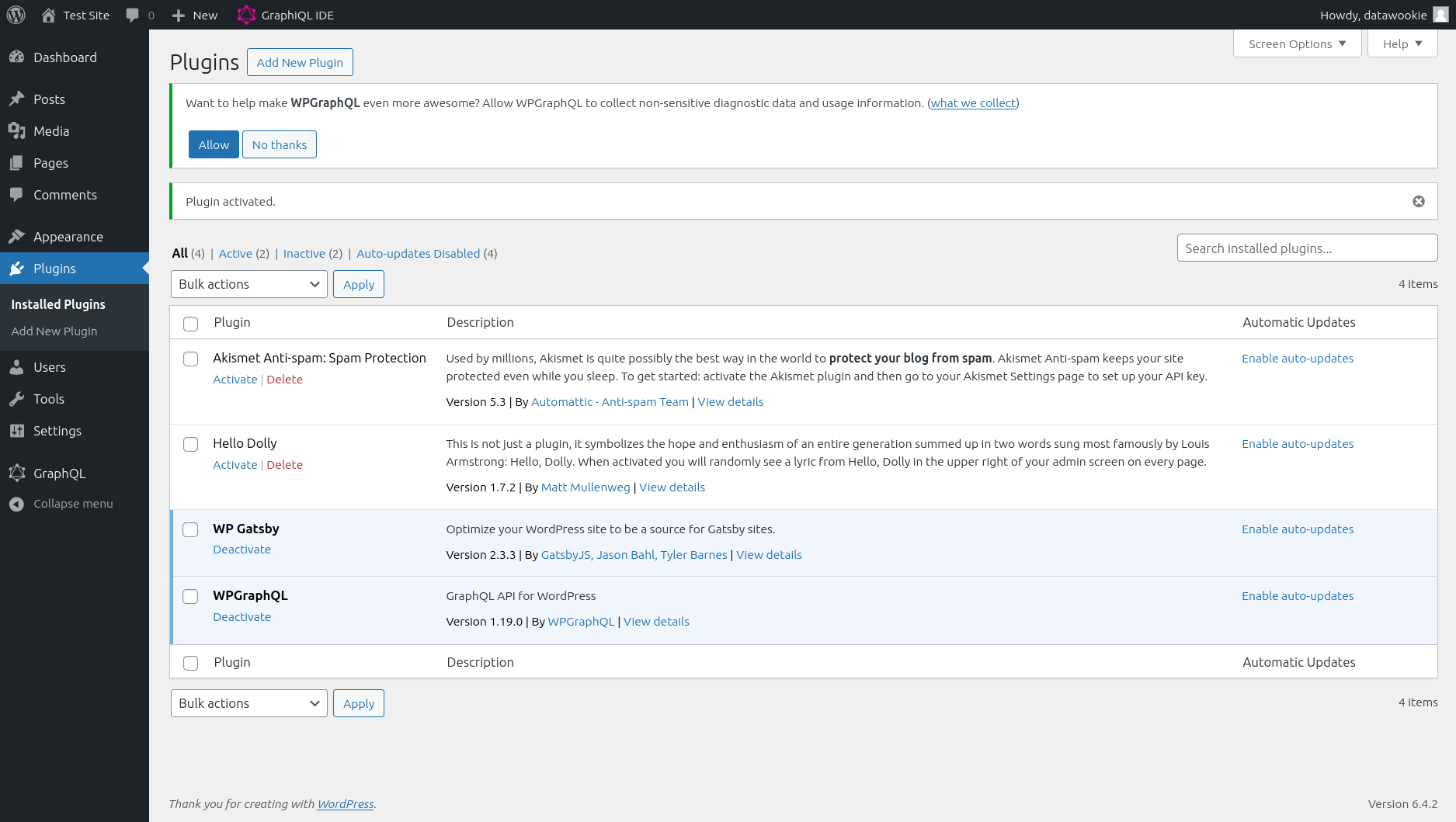The WordPress installed plugins page showing WP Gatsby and WPGraphQL activated.