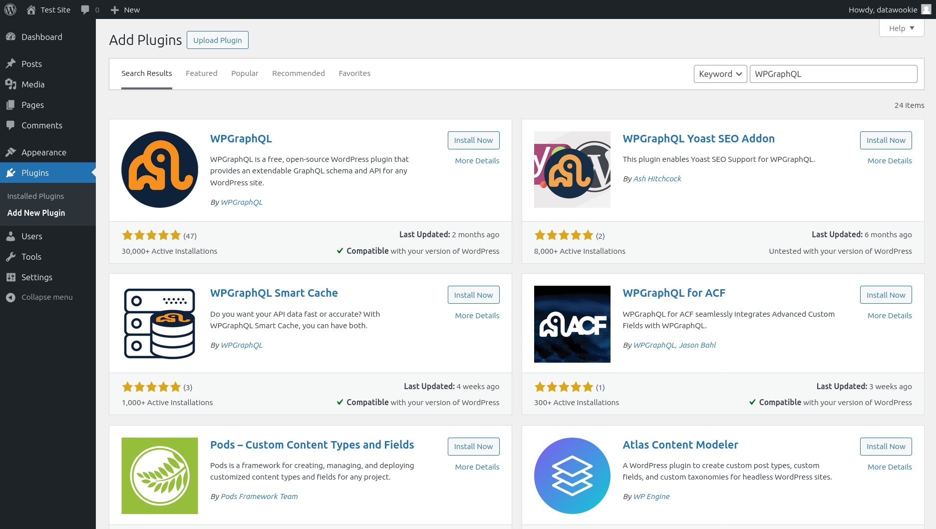WordPress Add Plugins search results for WPGraphQL and related plugins.