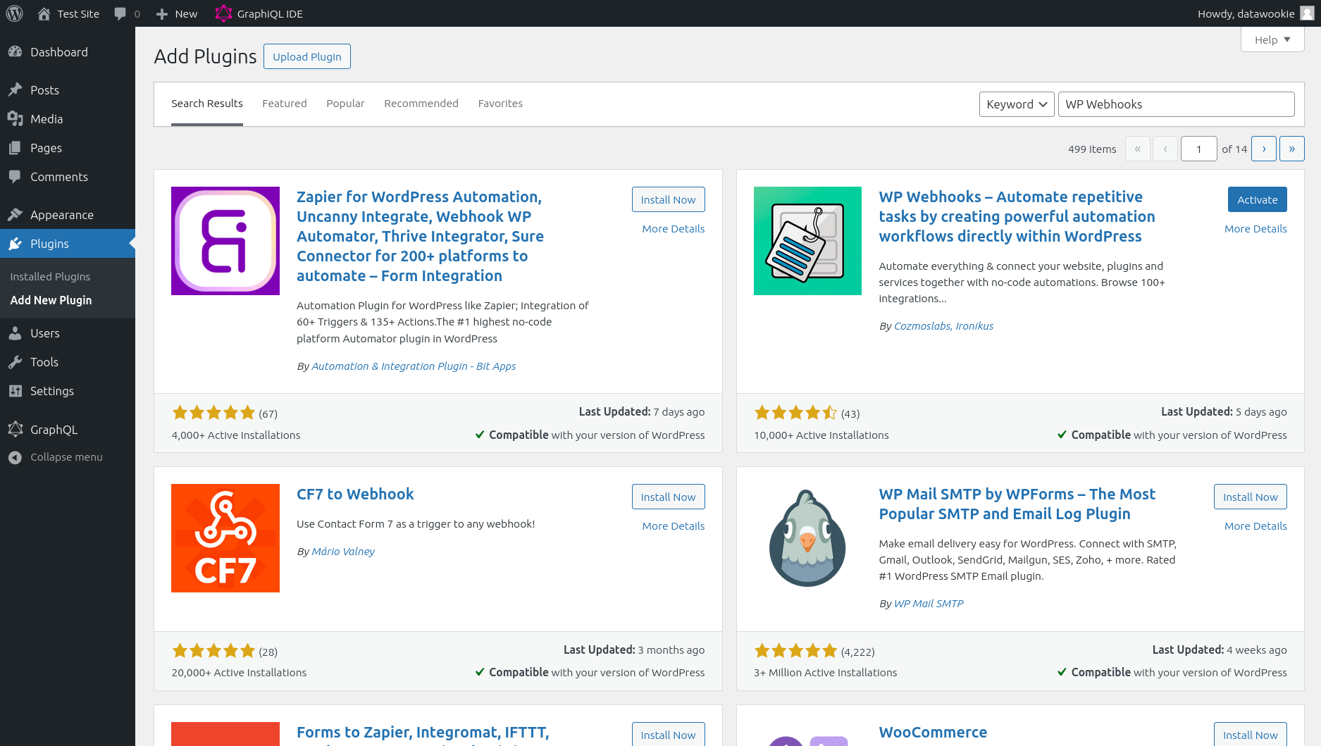 WordPress Add Plugins search results for WP Webhooks plugins.