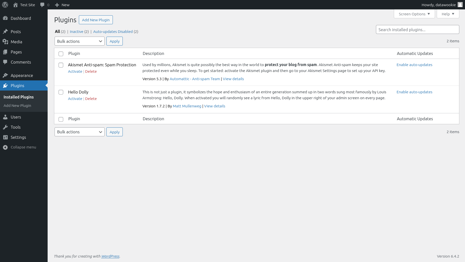 The WordPress installed plugins page listing default plugins before WPGraphQL is installed.