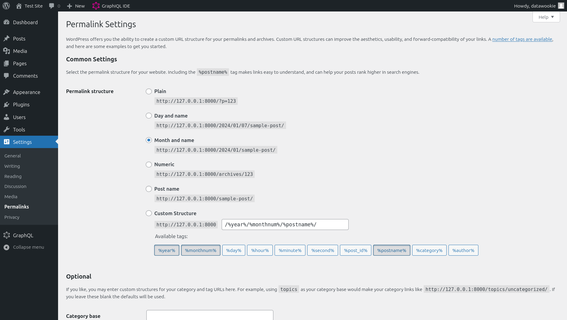 The WordPress Permalink Settings page with Month and name selected.