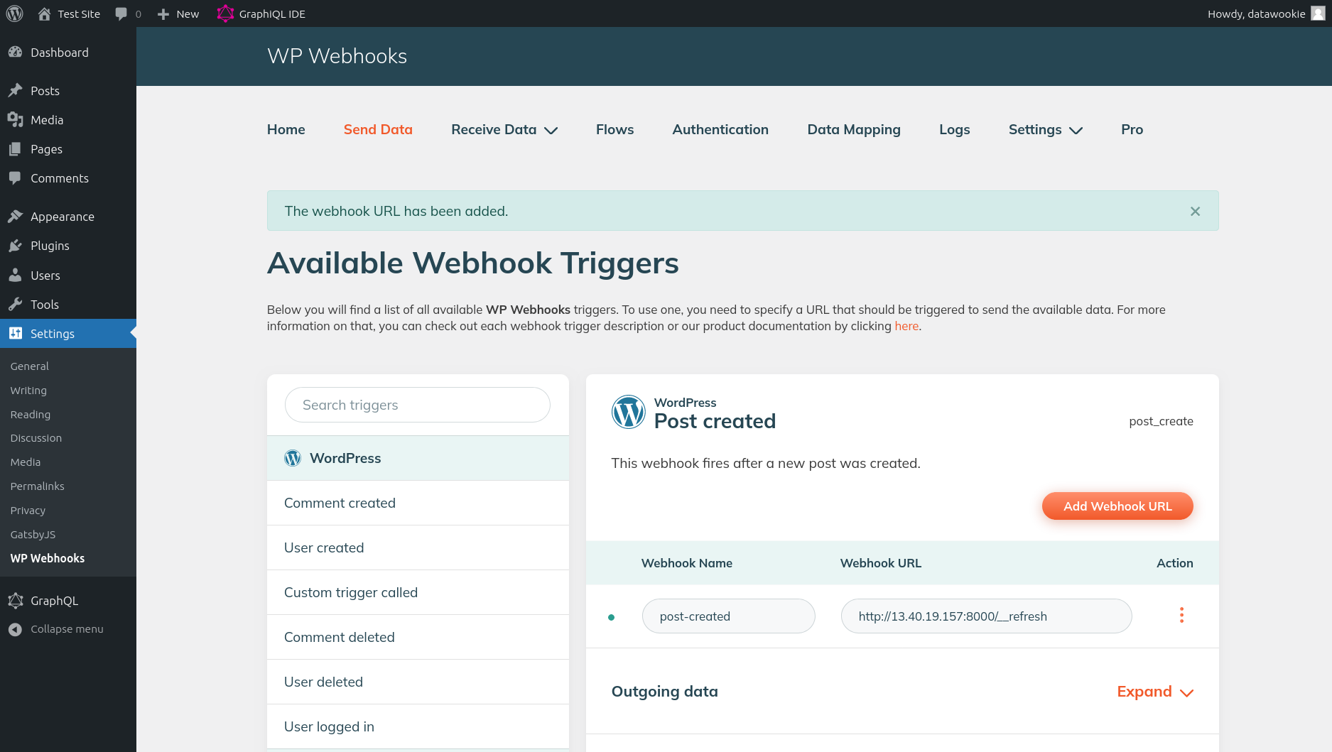 Webhook added for the WP Webhooks plugin.