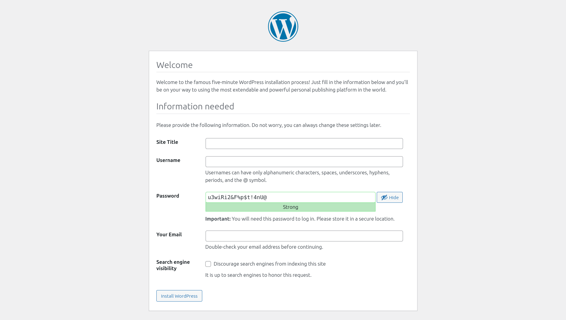 The WordPress installation form asking for site title, username, password, and email.