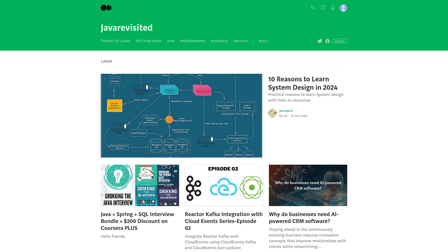 The Javarevisited Medium homepage showing featured and recent posts.
