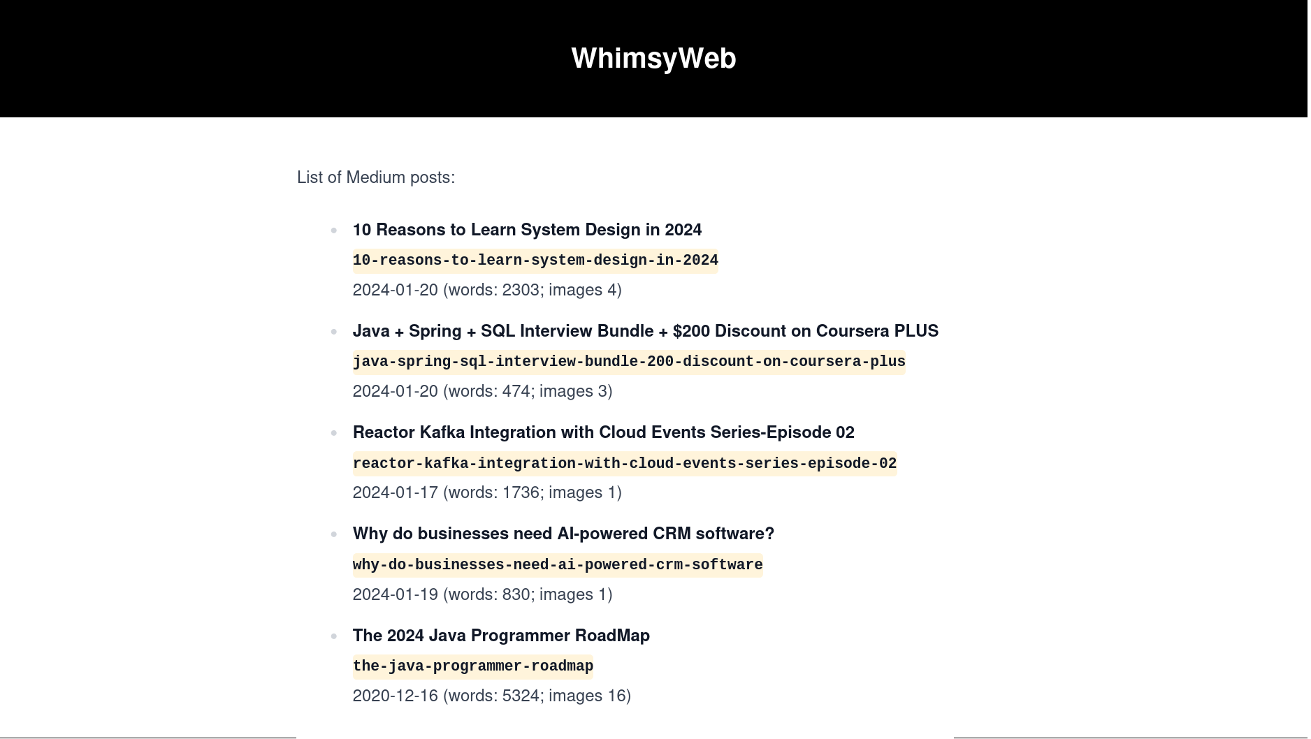 The WhimsyWeb page listing Medium posts with titles, slugs, dates, and word counts.