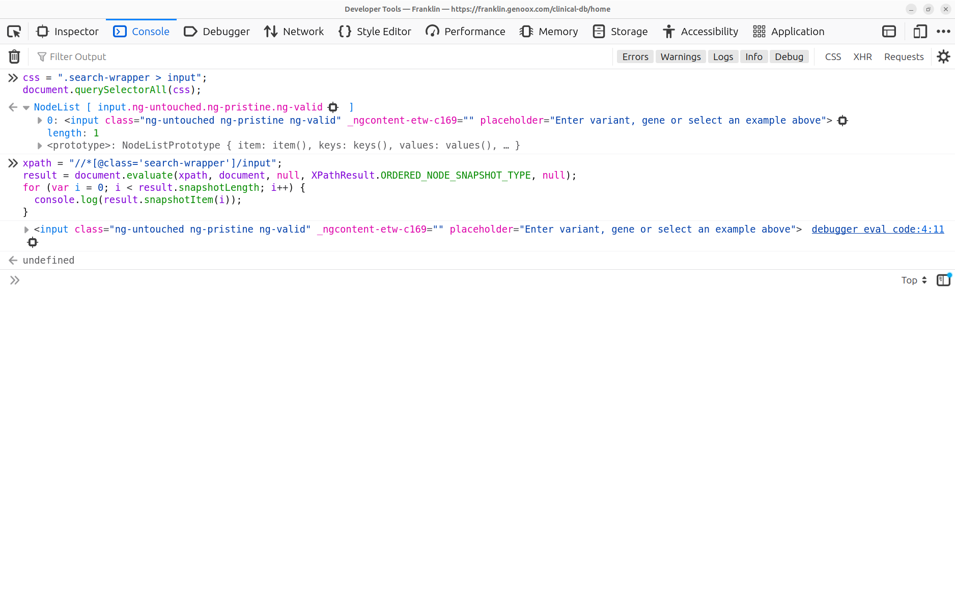 Browser developer tools console output comparing CSS and XPath selectors for the Franklin search input element.