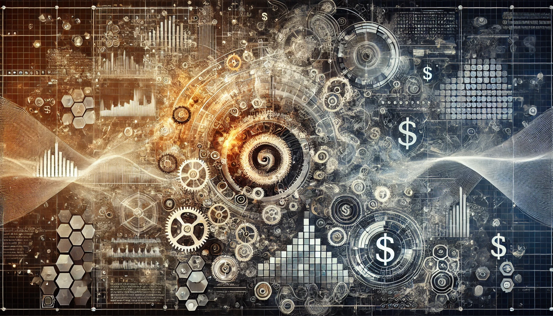 An abstract image with charts and symbols with an overall economic or financial theme.