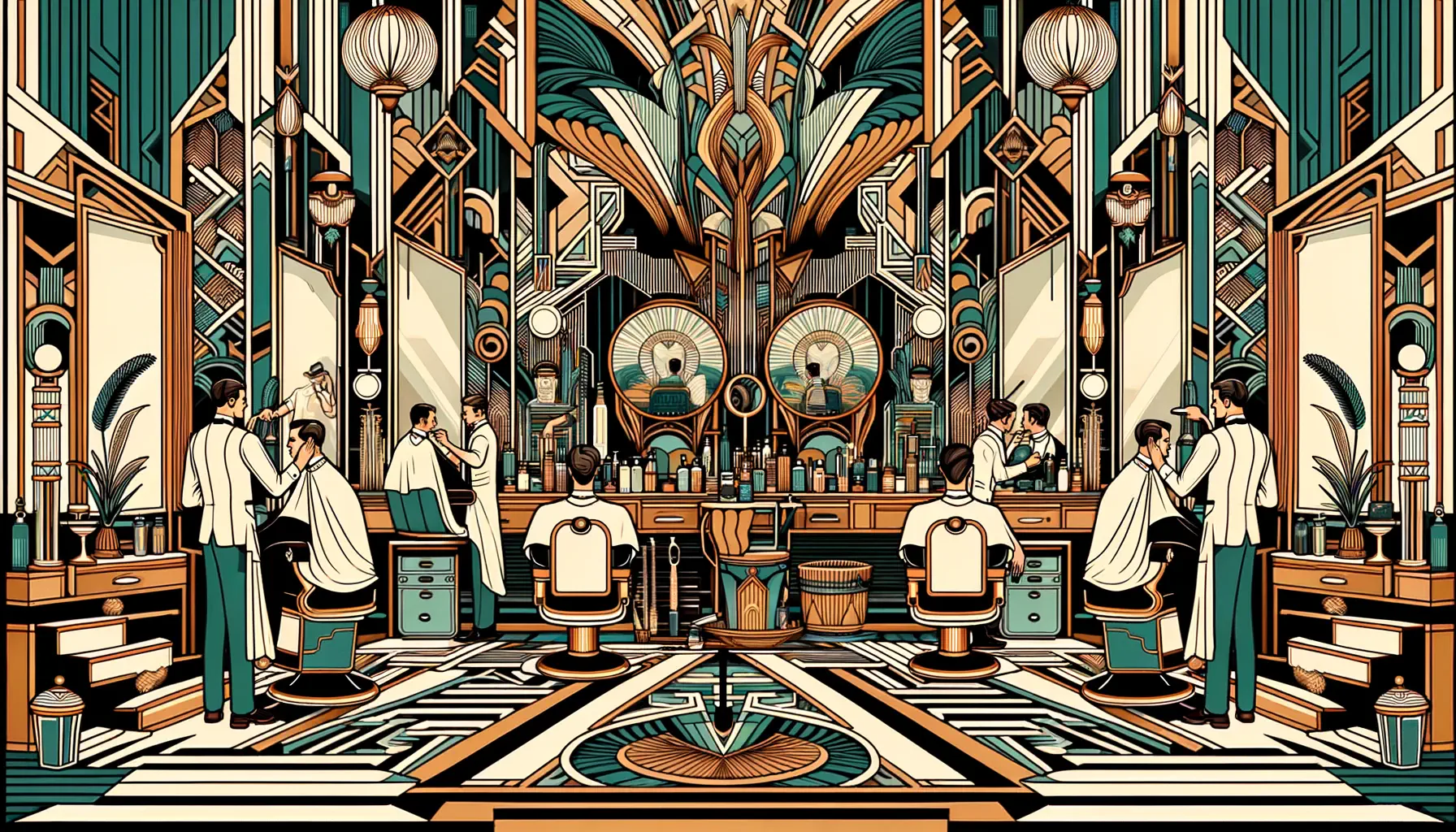 A picture of a barber in Art Deco style, showing some men getting their hair cut and faces shaved.