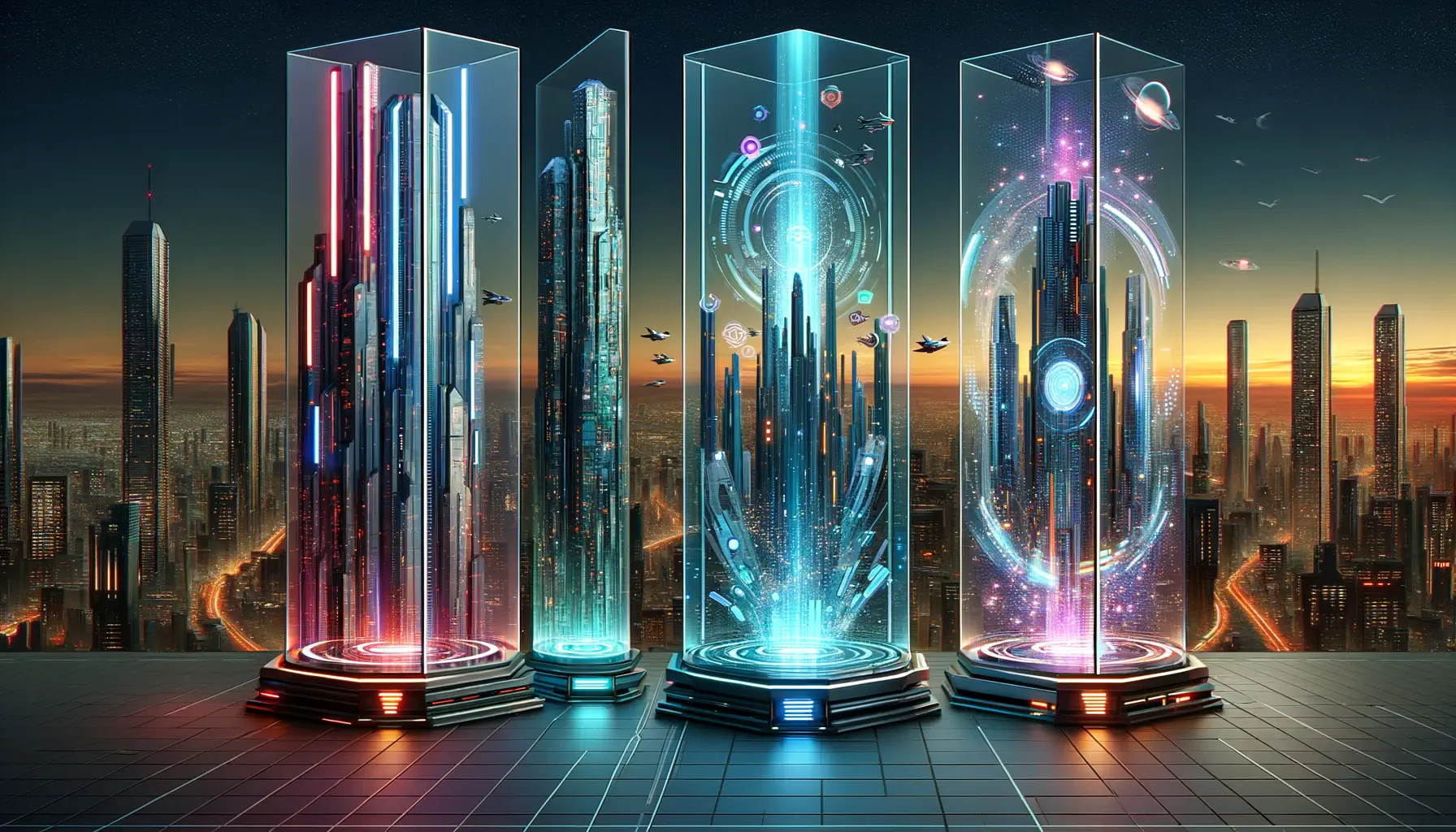 Three columns with a futuristic city background.