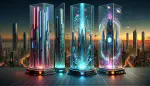 Three columns with a futuristic city background.