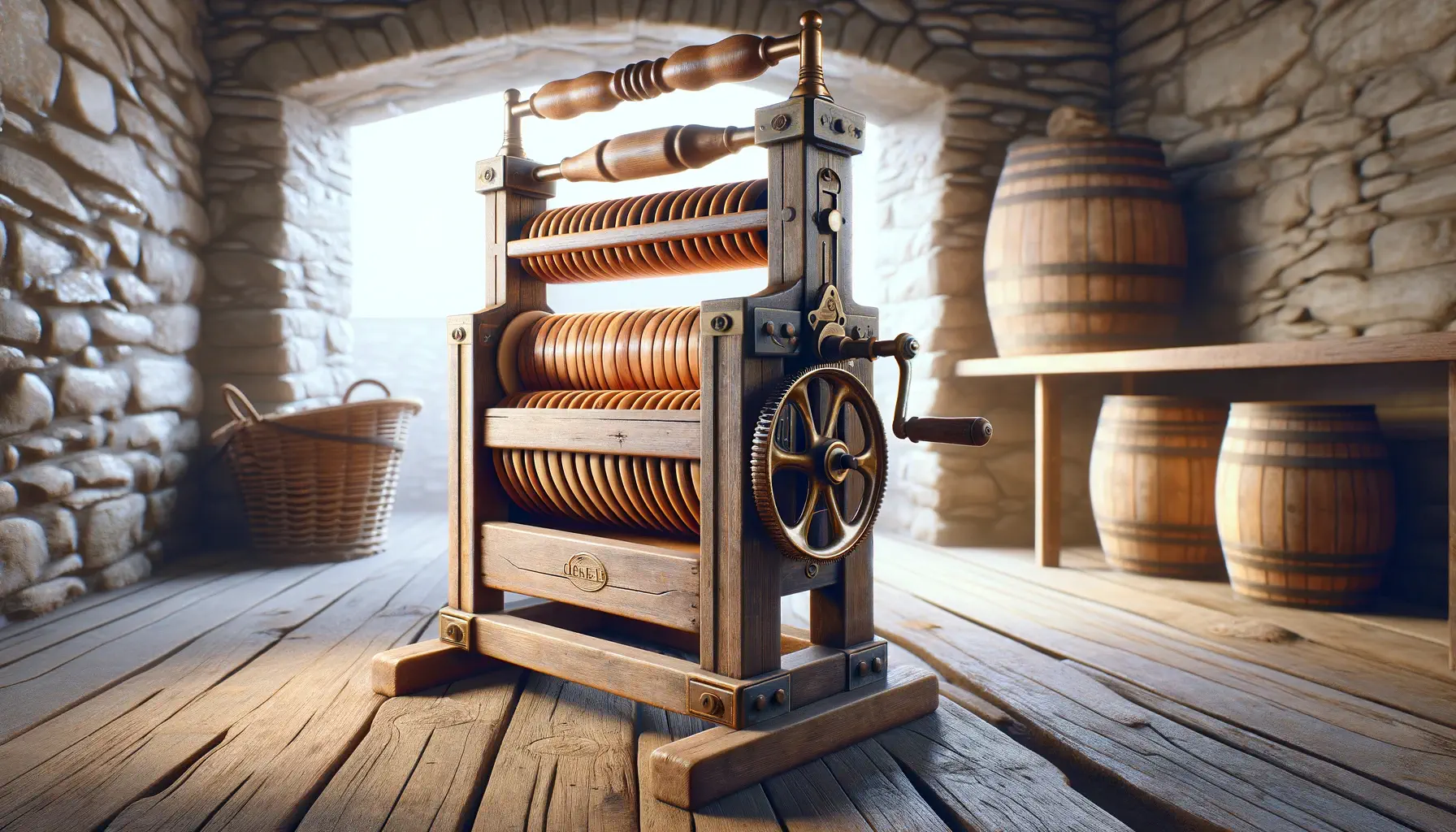 An old fashioned clothes mangle in a room with a wooden floor and stone walls.