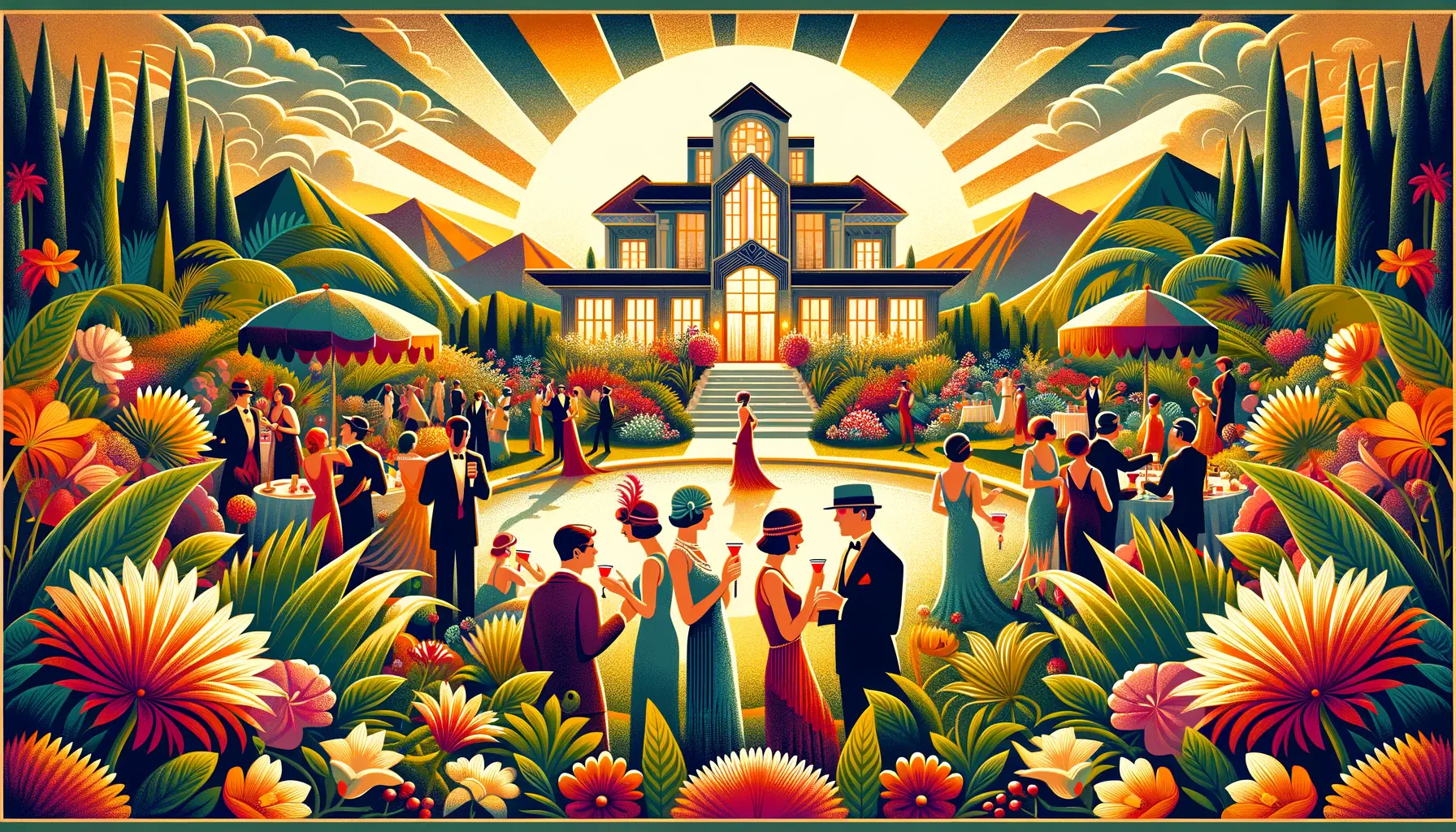 An art deco style image of a garden party with an imposing house in the background.