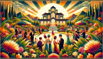 An art deco style image of a garden party with an imposing house in the background.