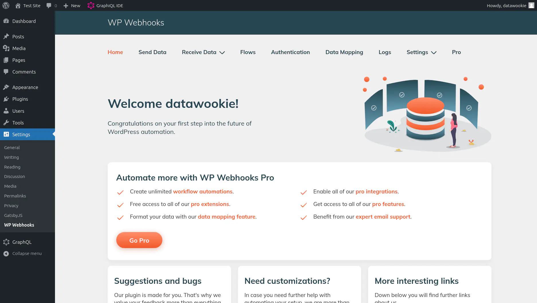 Dashboard for the WP Webhooks plugin.