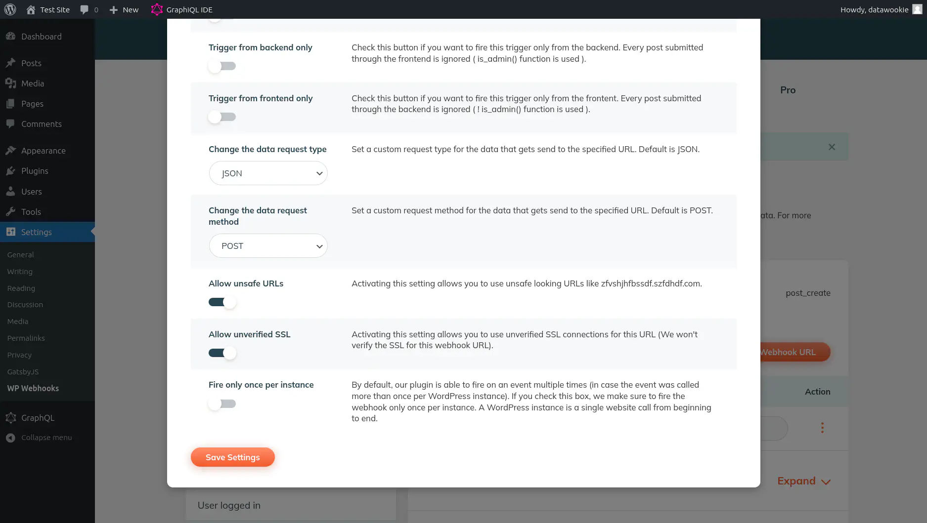 Webhook settings for the WP Webhooks plugin.