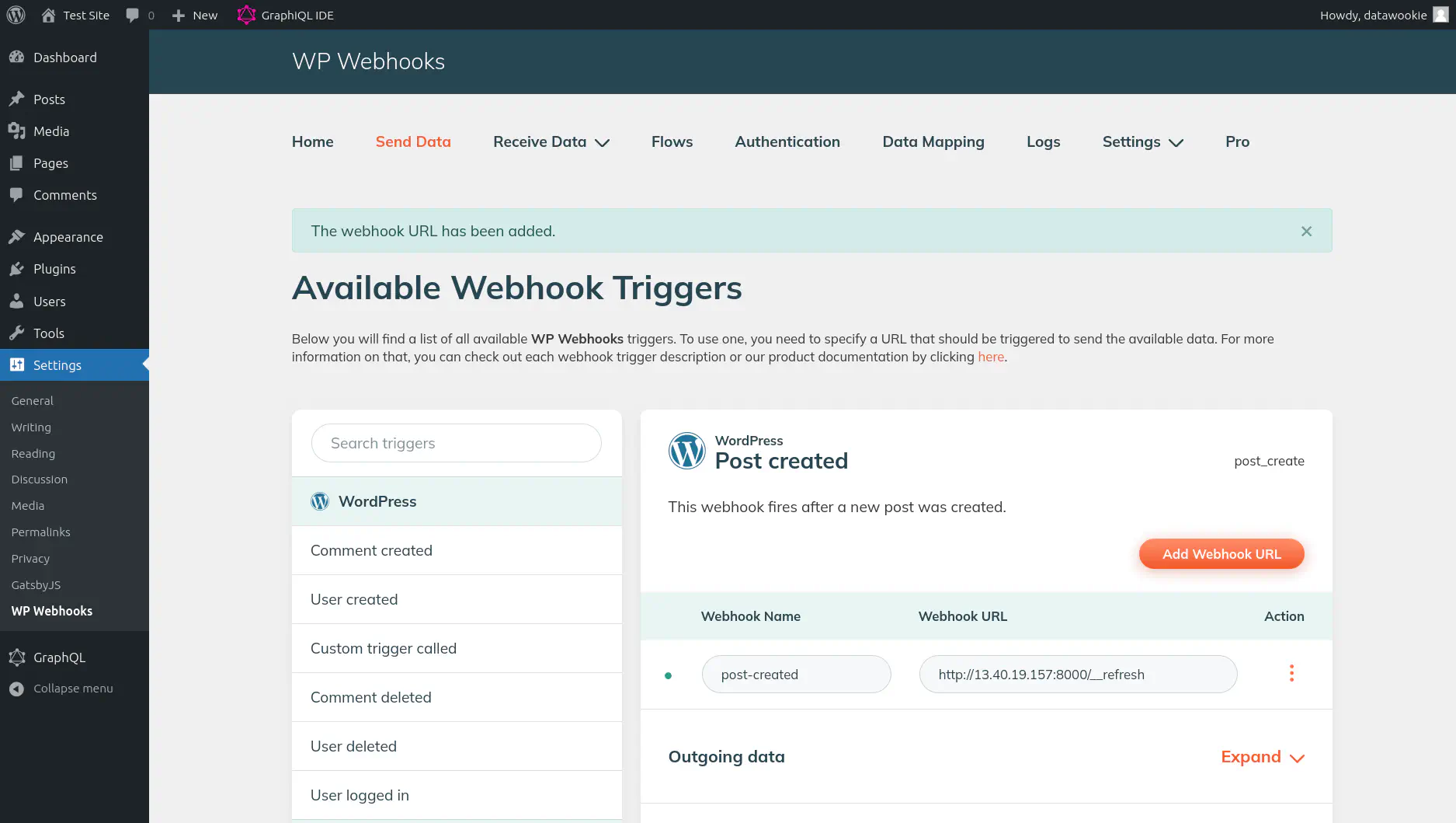 Webhook added for the WP Webhooks plugin.