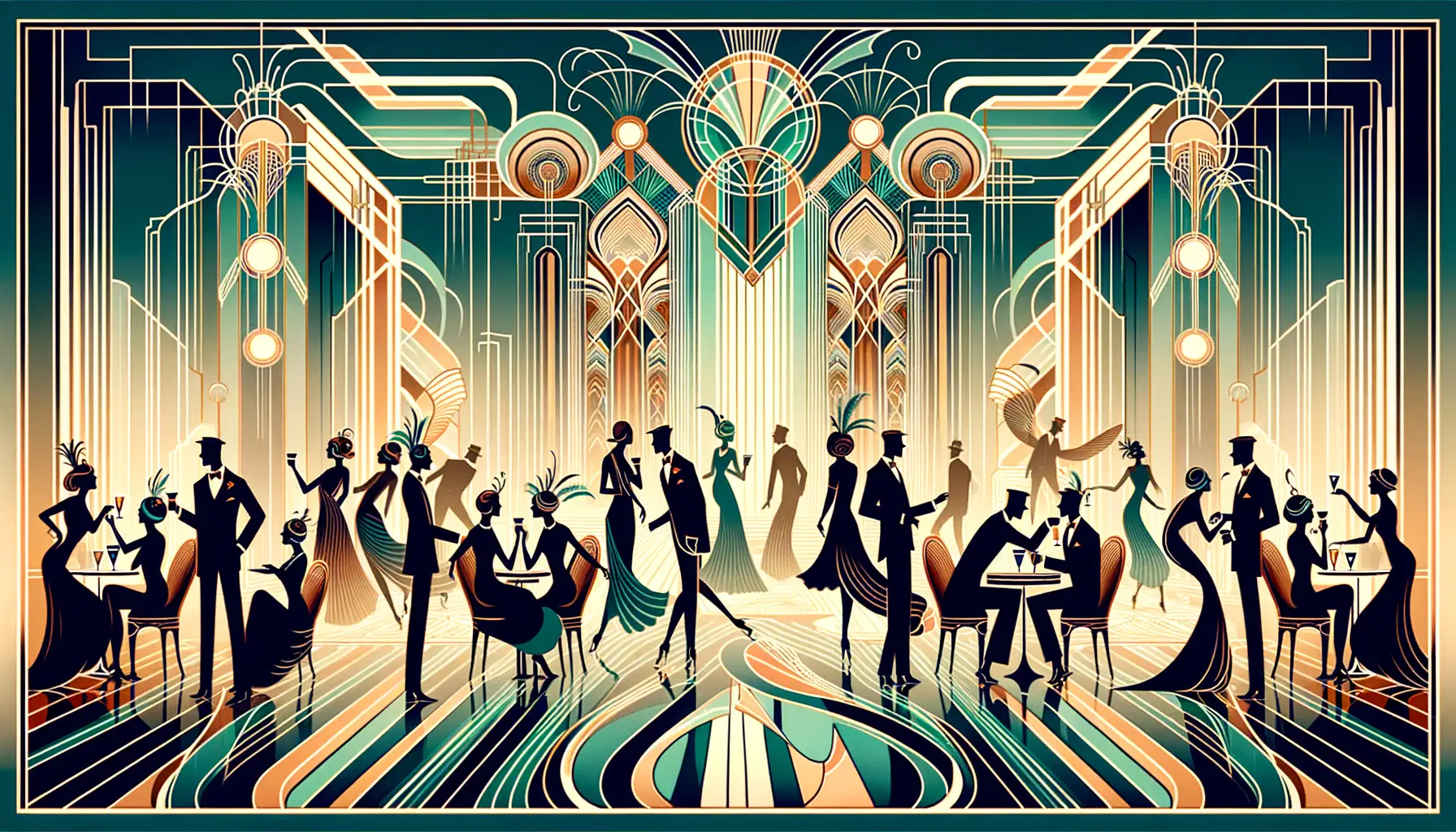 People socialising in an art deco style.