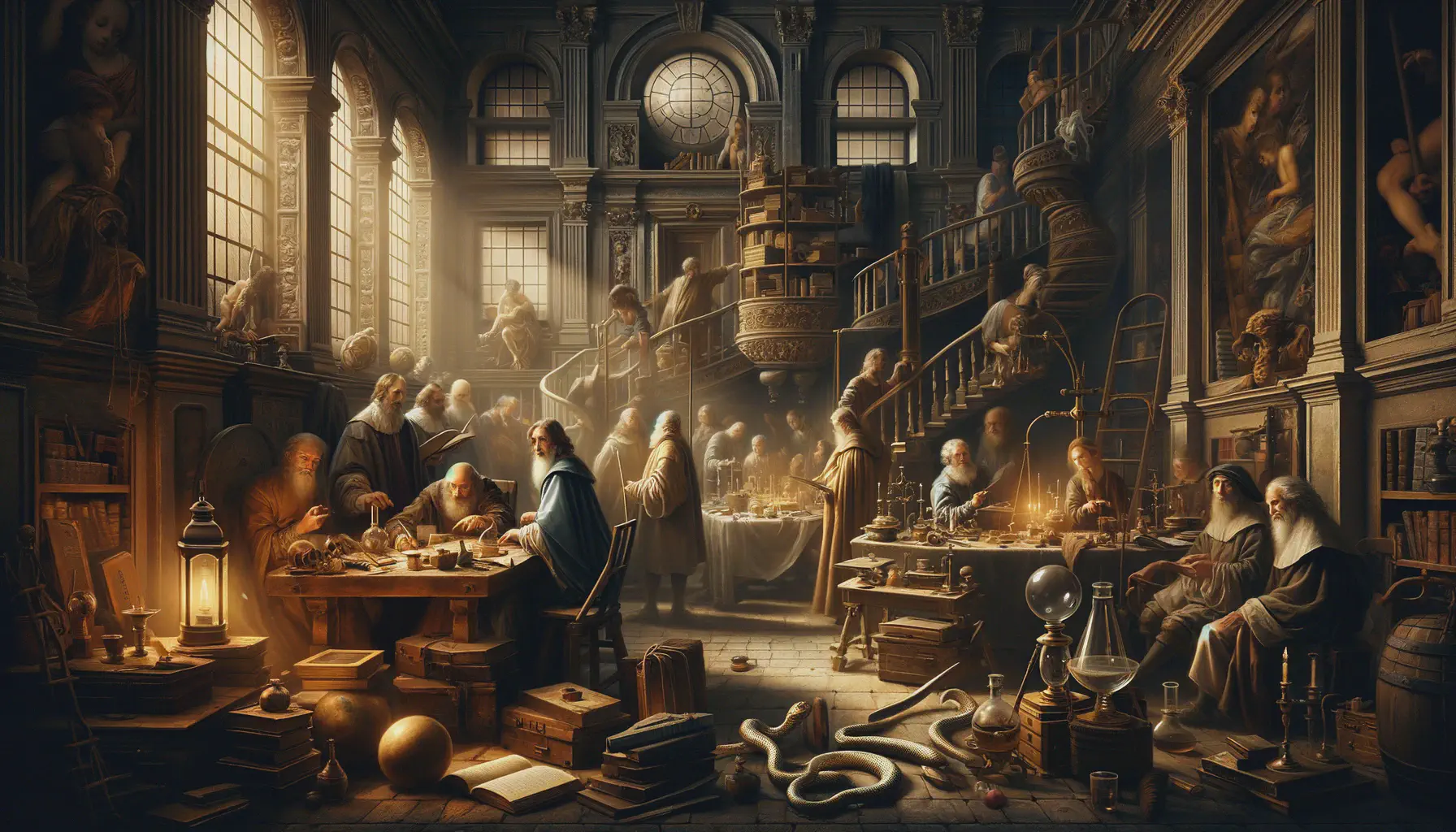 Intellectuals at work in a Baroque style.