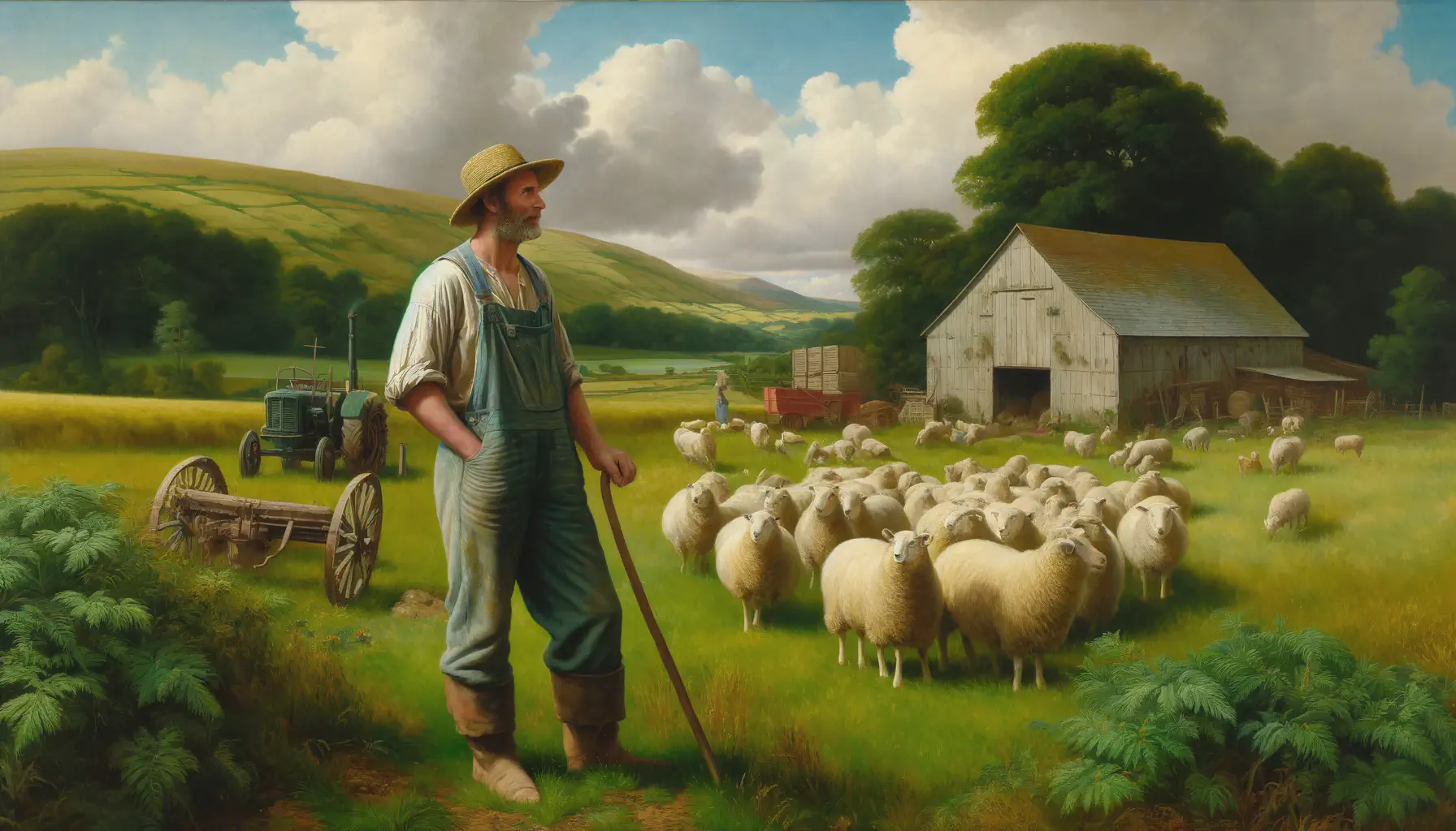 A farmer, his sheep and equipment in the style of John Constable.