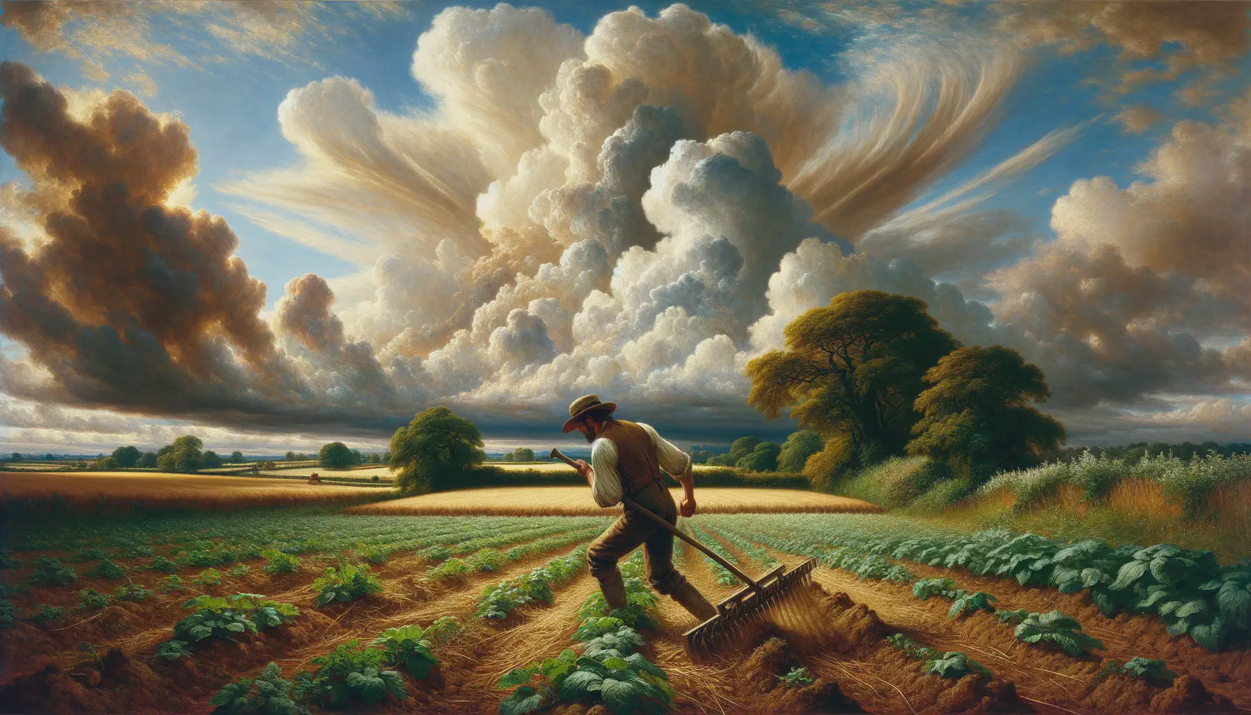 A farmer hoeing his field in the style of John Constable.