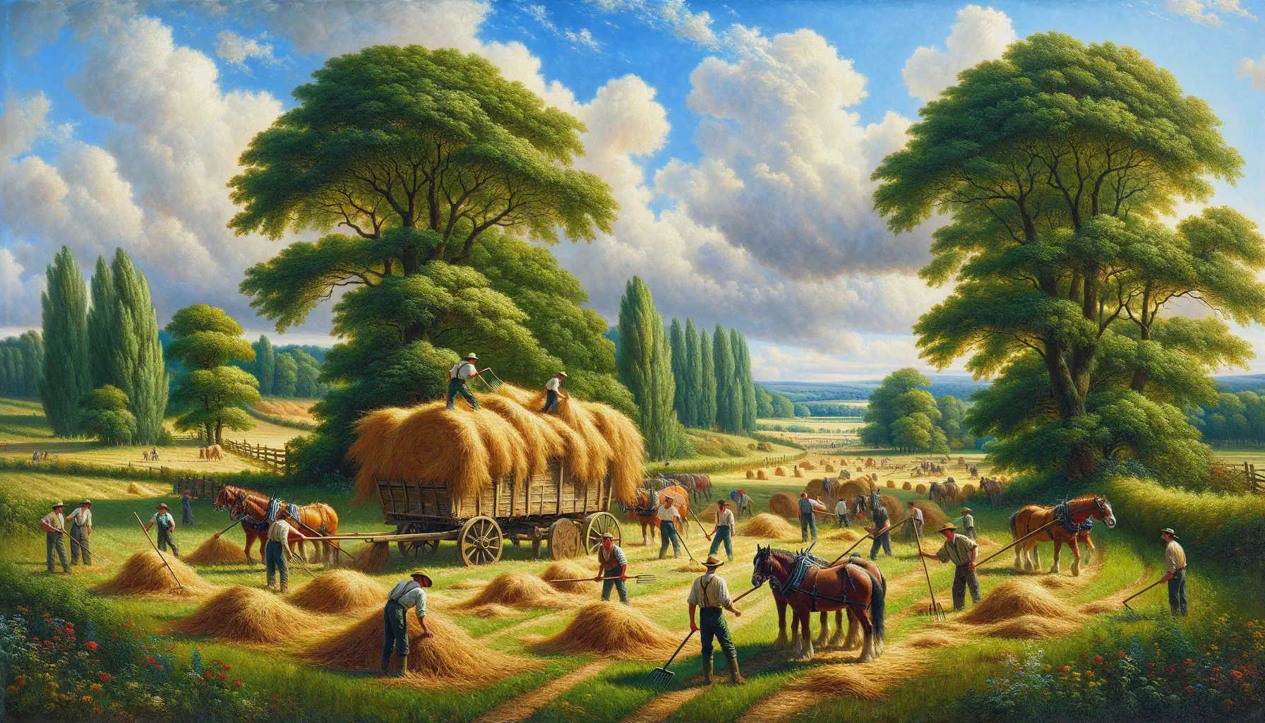 An image of farm workers loading hay onto the back of a wagon in a style similar to that of John Constable.