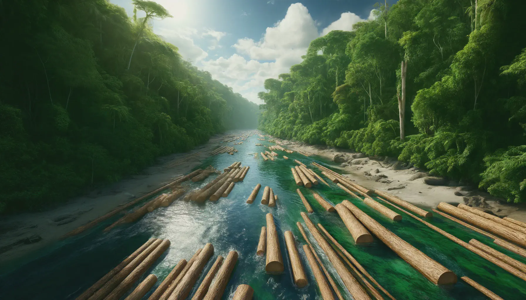 Cut logs floating down a river in the Amazon.
