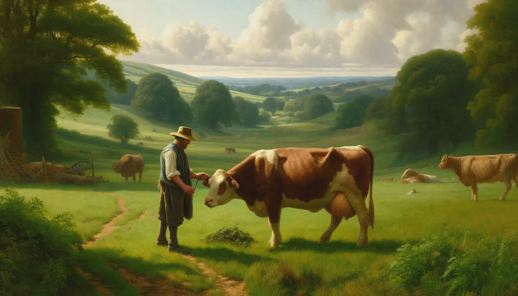 A farmer inspecting a cow. Image in style of John Constable.