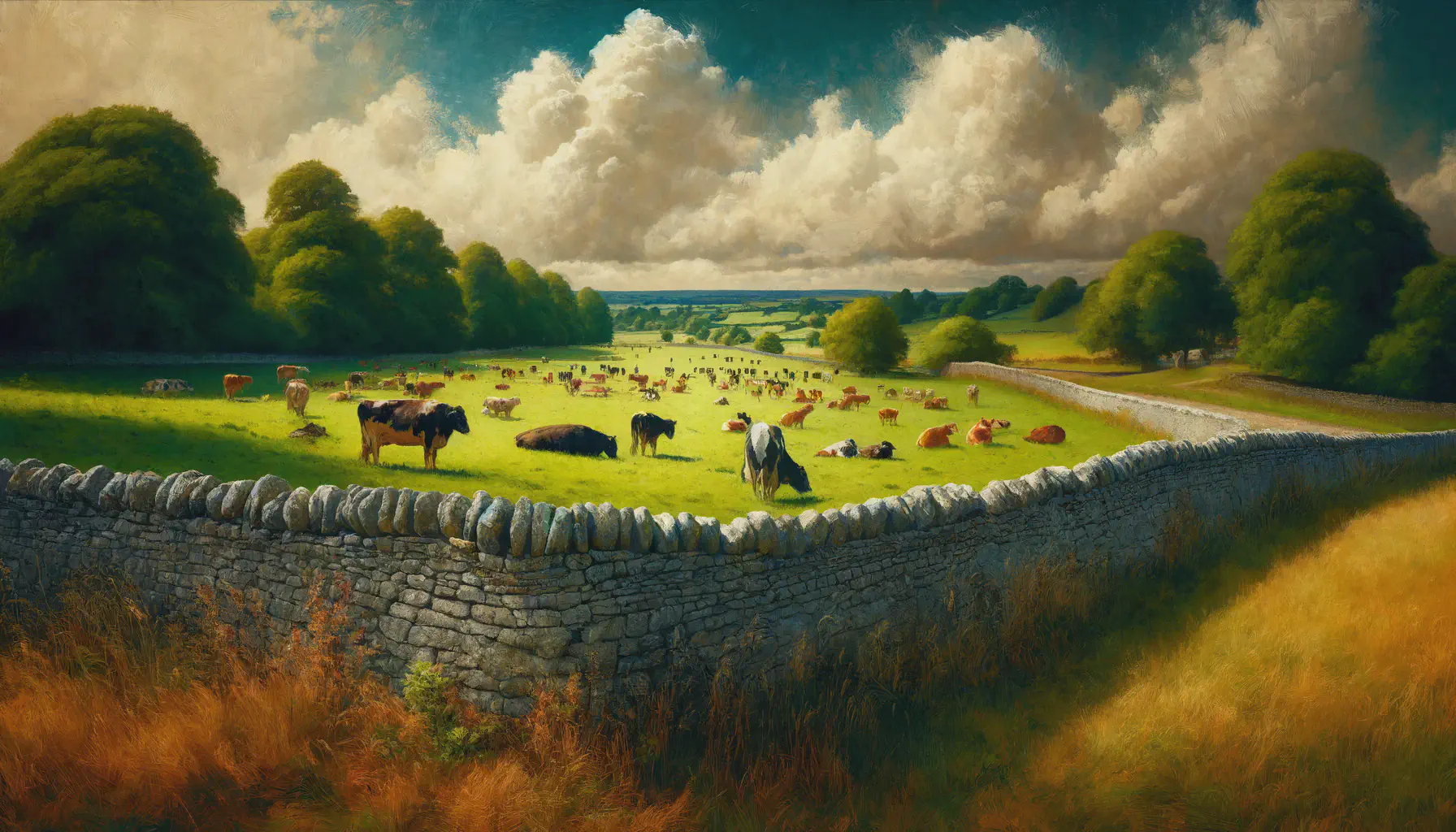 Cows in a field bordered by a dry stone wall. In the style of Joseph Conrad.