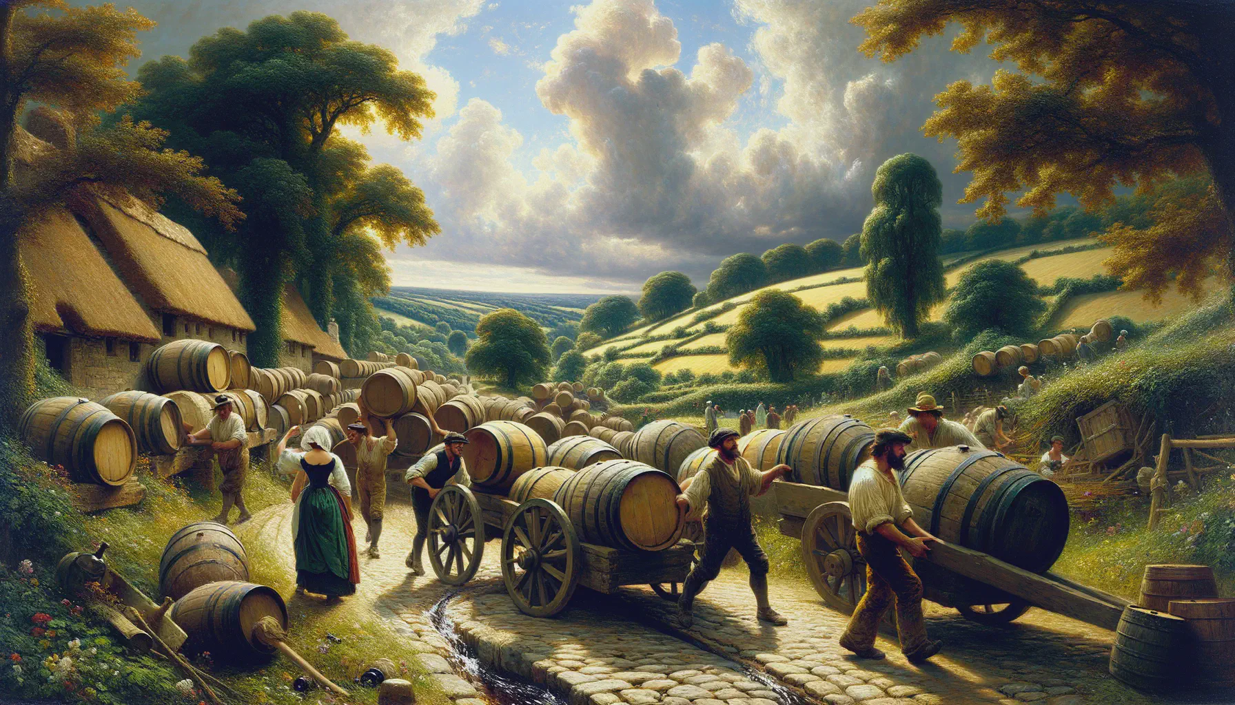 An image of barrels being loaded onto carts in a style similar to that of John Constable.
