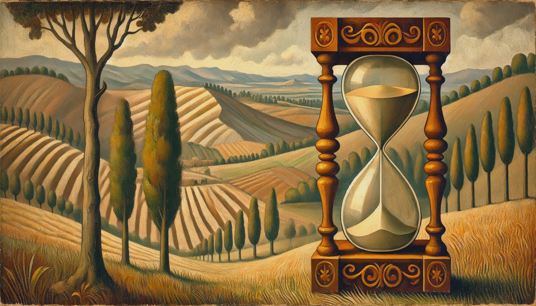 An hourglass in a landscape imitating style of Paul Cézanne.