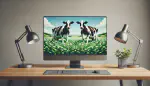 An image of a computer on a wooden desk. On either side of the computer is a table lamp. The computer screen has an image of two cows.