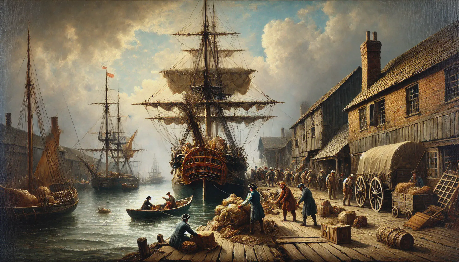 A picture in a style similar to that of Constable depicting cargo being offloaded from a sailing ship.