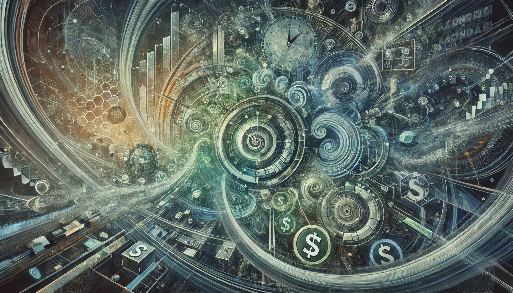 An abstract image with clocks and currency symbols.