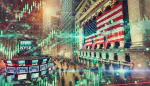 A composite image including elements of financial charts, flags, Wall Street and the NYSE.