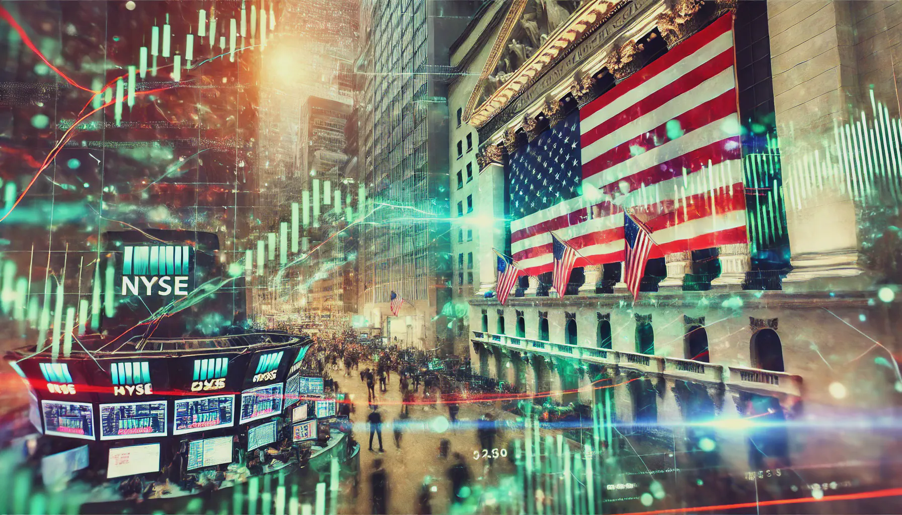 A composite image including elements of financial charts, flags, Wall Street and the NYSE.