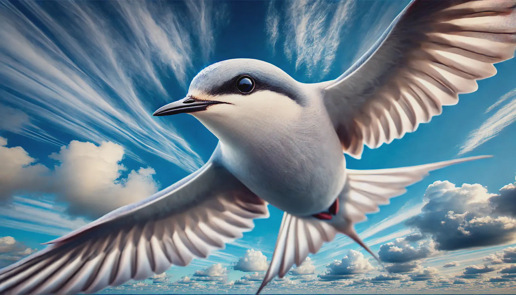 A bird with a white body and dark cap against a sky with scattered clouds.