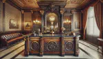 A reception desk at an old world hotel.