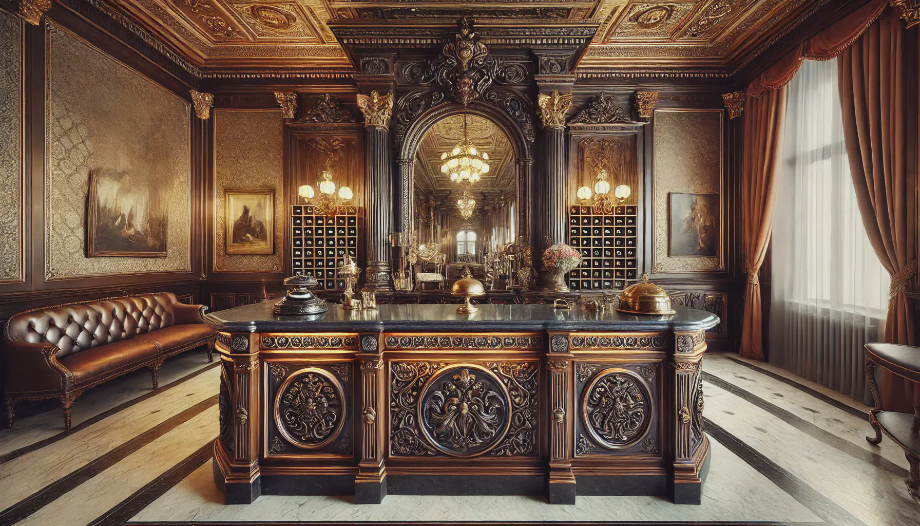 A reception desk at an old world hotel.