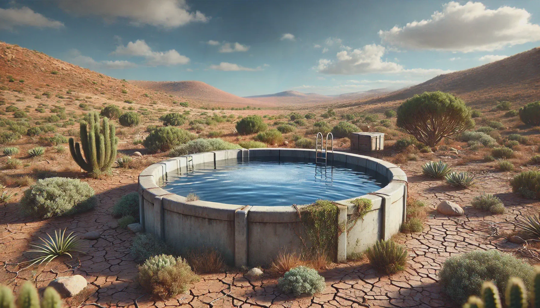 A concrete water tank surrounded by arid scenery typical of the Karoo.