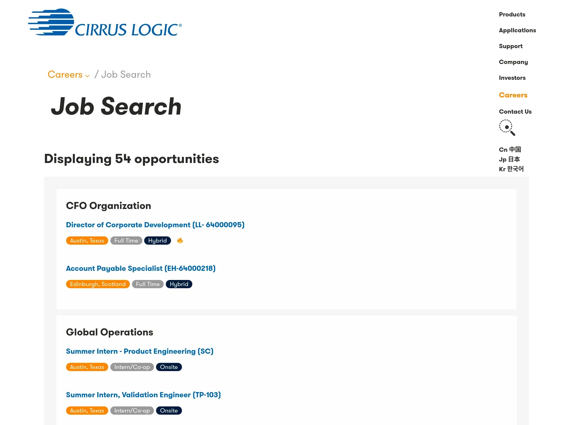 The Cirrus Logic job search page.