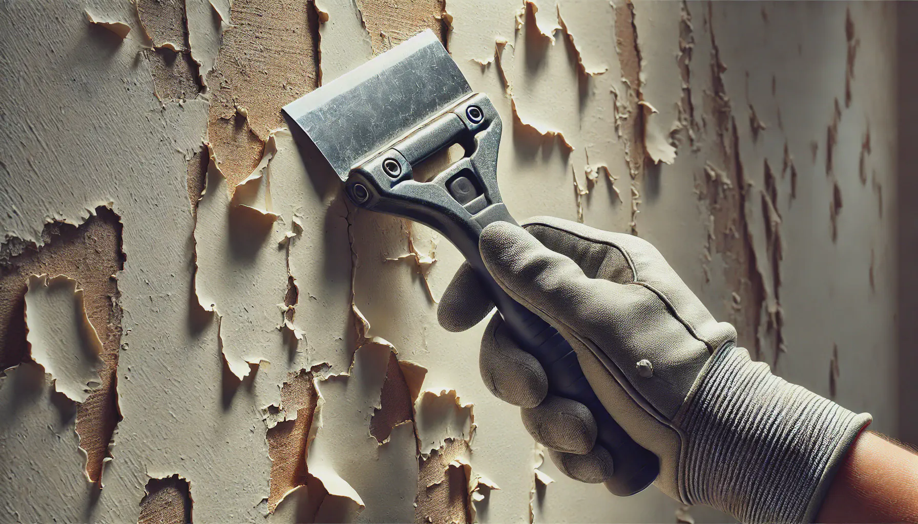 A gloved hand holding a paint scraper that is being used to scrape flakey cream coloured paint off a wall.