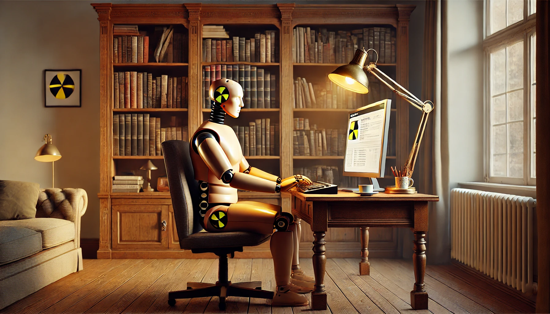 A crash test dummy sitting at a computer in a cosy study.