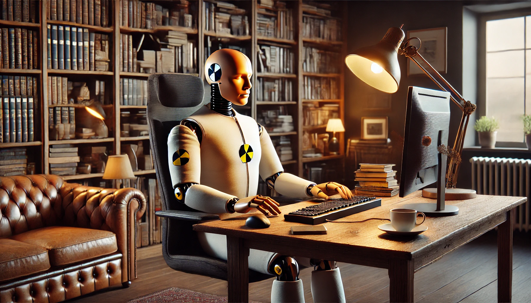 A crash test dummy sitting at a computer in a cosy study.