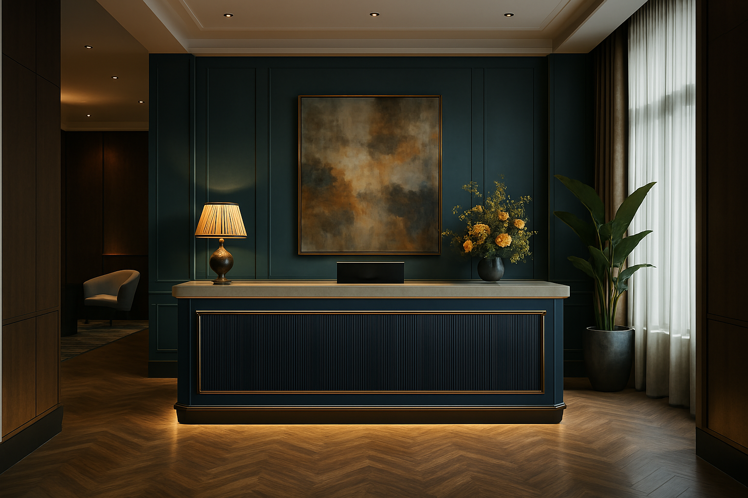 The front desk in a stylish hotel. There's a lamp and a vase of yellow flowers.