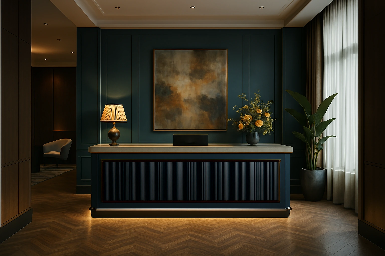 The front desk in a stylish hotel. There's a lamp and a vase of yellow flowers.