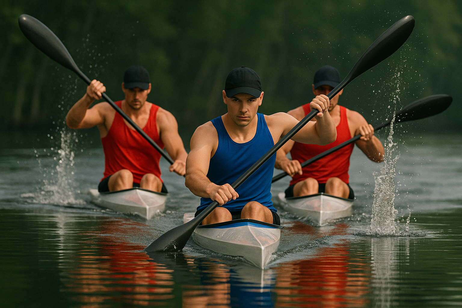 An image of three kayak paddlers in triangle formation viewed from in front of the foremost paddler.