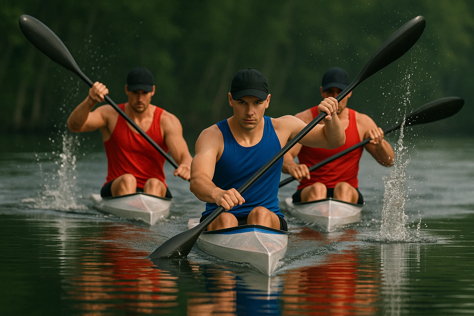 An image of three kayak paddlers in triangle formation viewed from in front of the foremost paddler.