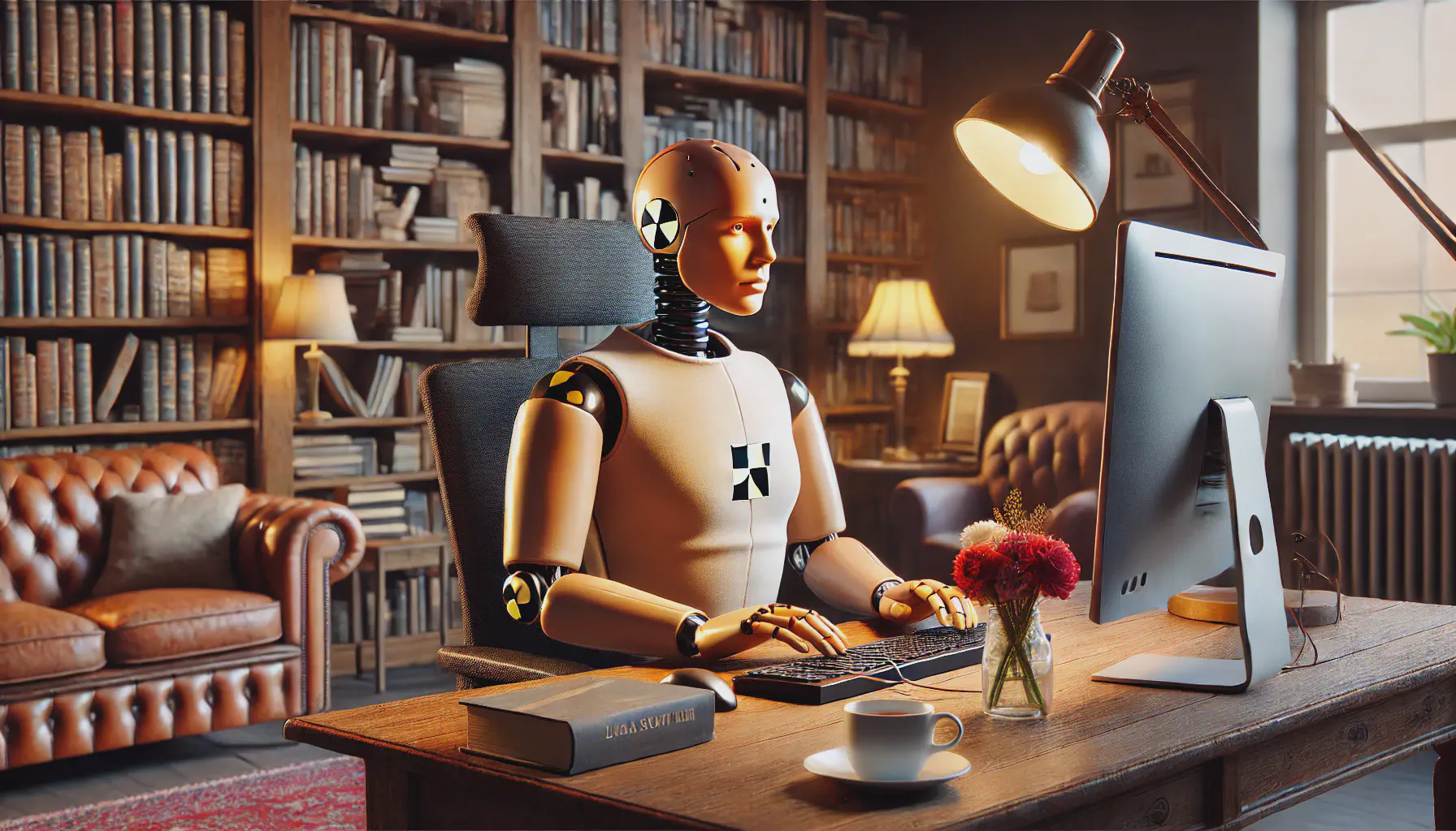 A crash test dummy sitting at a computer in a cosy study.